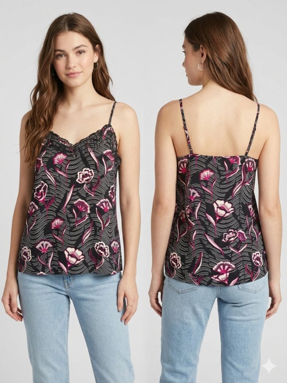 Daniel Rainn Anthropologie Floral Eyelet Cami Tank Top Black Pink Size Small S